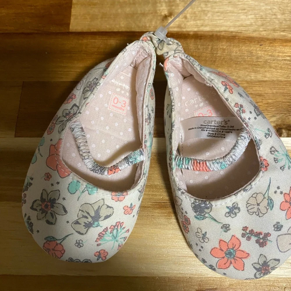 Carter's Baby Floral Flats 0-3 Months Elastic Strap Soft Sole Fabric Shoes